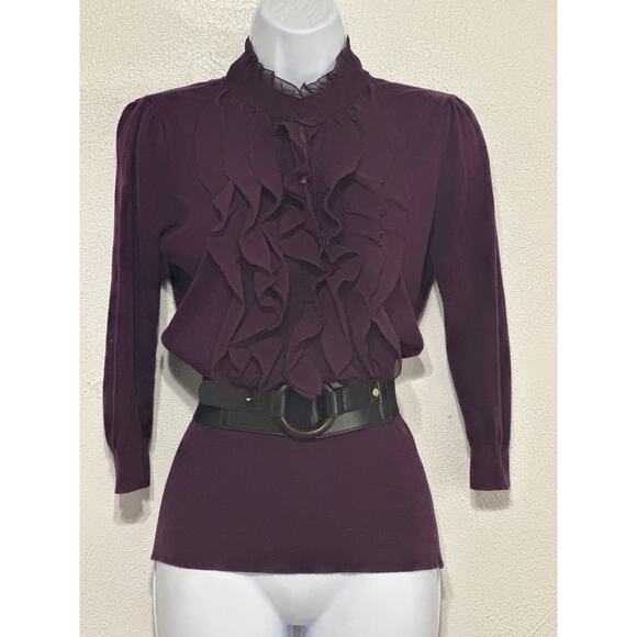 VTG 90s Y2K Ruffle Neck Tunic Sweater L Purple City Preppy Equestrian RL Vibes - Picture 2 of 13